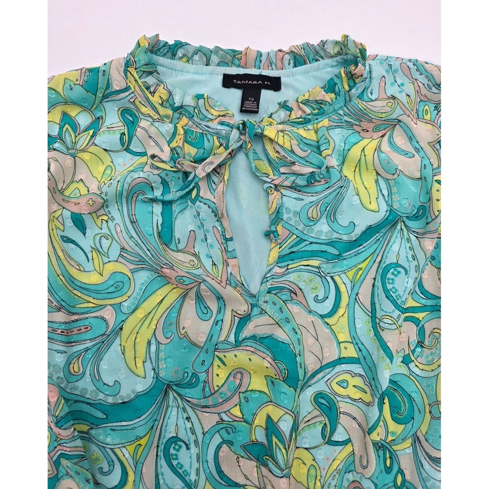 Tamara H Womens Paisley Clip Dot Blouse Smocked Hem Ruffle Neck Turquoise Large - Picture 7 of 10